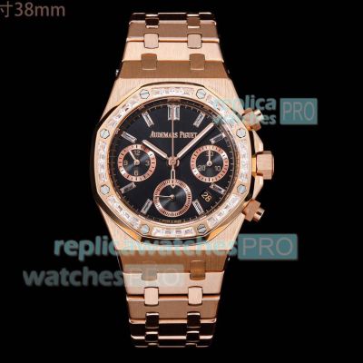 Swiss 1:1 Replica Audemars Piguet Royal Oak 38mm Black Face Diamond Rose Gold Watch 